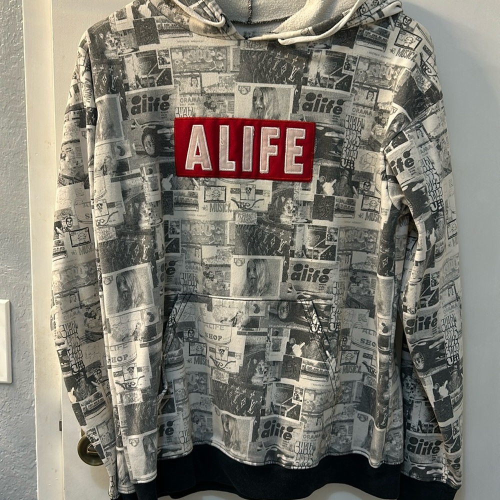 ALIFE Black and White Collage Print Hoodie, Sz S